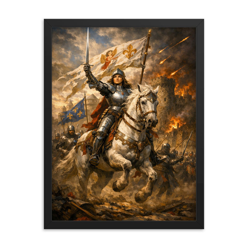 Joan of Arc before Orleans gates framed print on a plain backdrop in size 18
