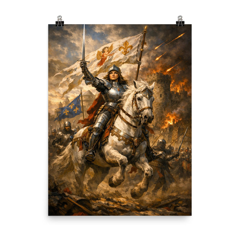 Joan of Arc before Orleans gates poster on a plain backdrop in size 8