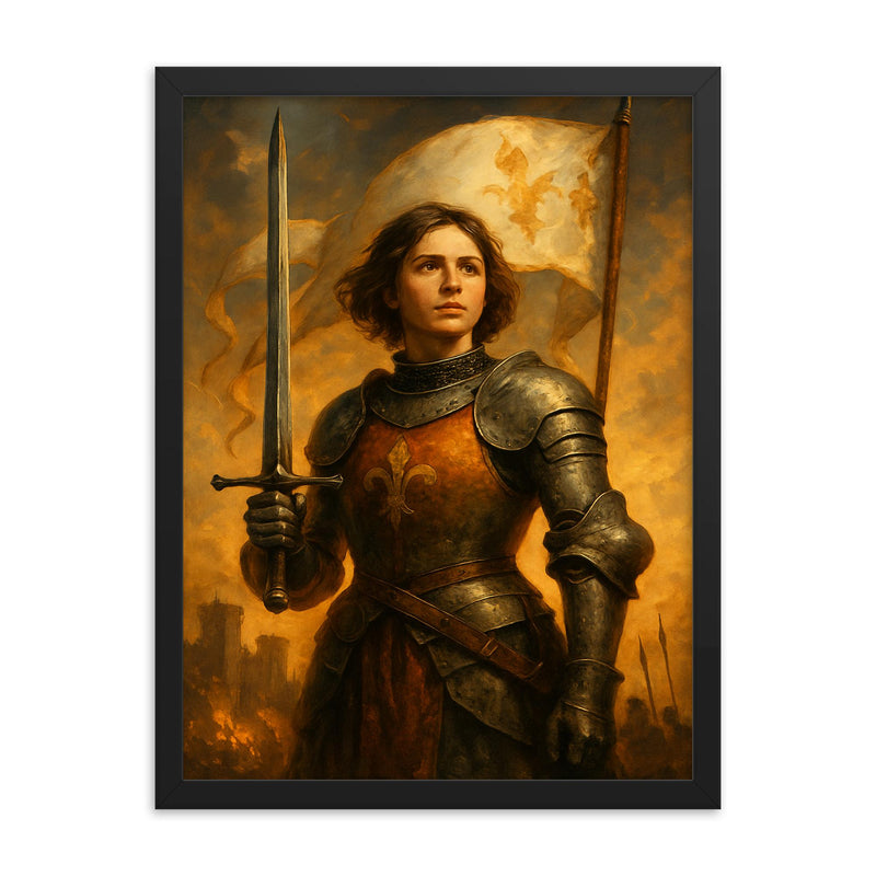 Joan of Arc framed print on a plain backdrop in size 18