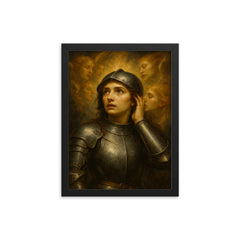 Joan of Arc hearing voices in armor framed print on a plain backdrop in size 12"x16".