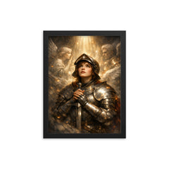 Joan of Arc hearing voices in armor framed print on a plain backdrop in size 12"x16".