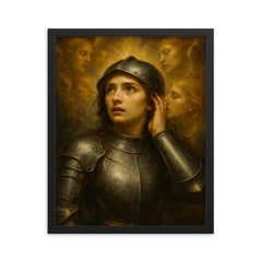Joan of Arc hearing voices in armor framed print on a plain backdrop in size 16"x20".