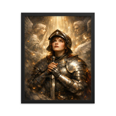 Joan of Arc hearing voices in armor framed print on a plain backdrop in size 16"x20".