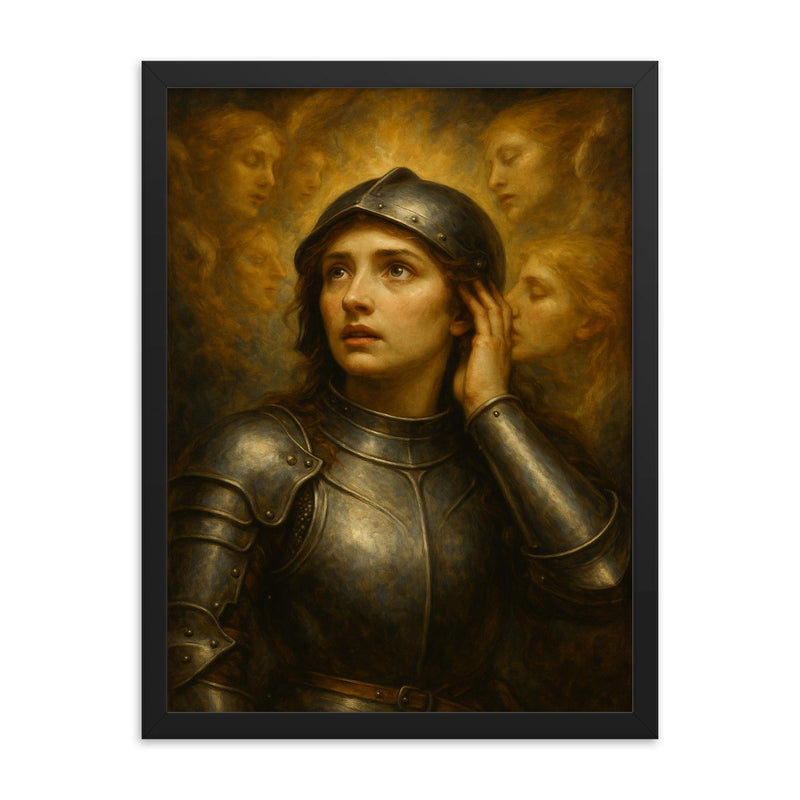 Joan of Arc hearing voices in armor framed print on a plain backdrop in size 18