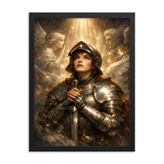 Joan of Arc hearing voices in armor framed print on a plain backdrop in size 18"x24".