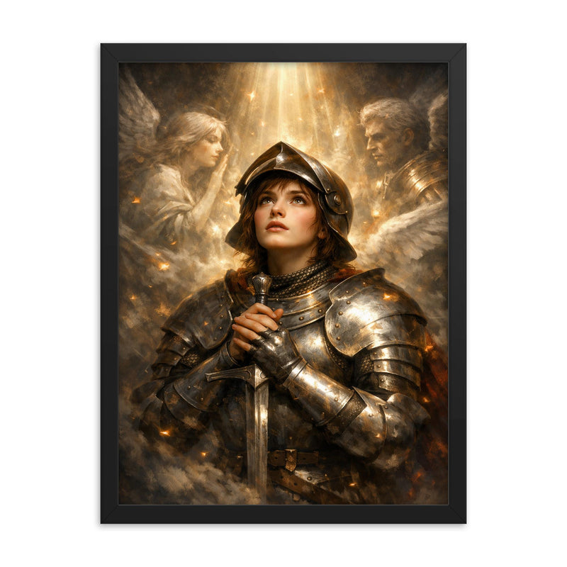 Joan of Arc hearing voices in armor framed print on a plain backdrop in size 18