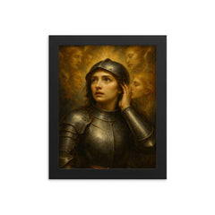 Joan of Arc hearing voices in armor framed print on a plain backdrop in size 8"x10".