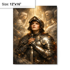 Joan of Arc hearing voices in armor metal print on a plain backdrop in size 12"x16".