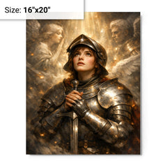 Joan of Arc hearing voices in armor metal print on a plain backdrop in size 16"x20".