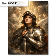 Joan of Arc hearing voices in armor metal print on a plain backdrop in size 18"x24".