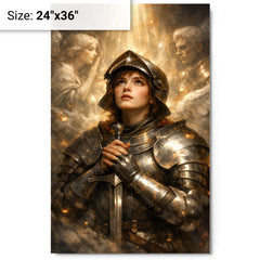 Joan of Arc hearing voices in armor metal print on a plain backdrop in size 24"x36".