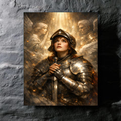 Joan of Arc hearing voices in armor metal print mockup