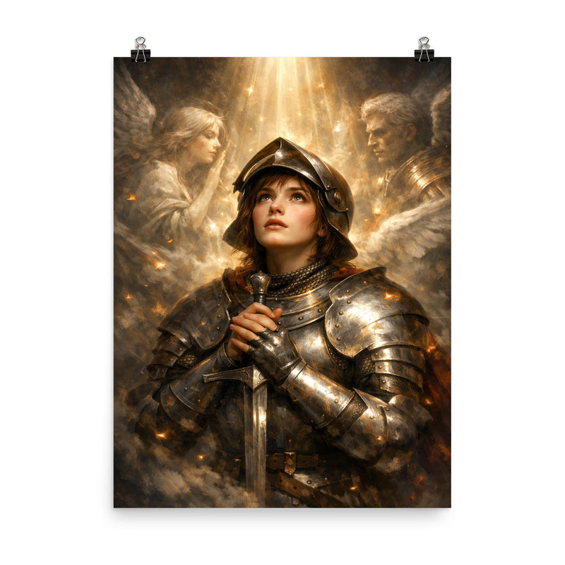 Joan of Arc hearing voices in armor poster on a plain backdrop in size 8