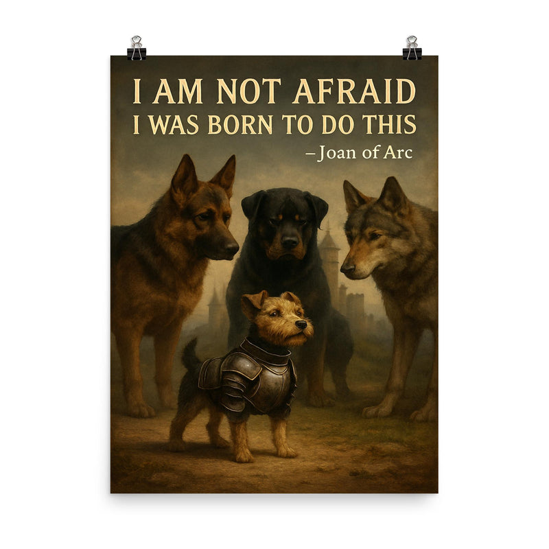 joan of arc quote small terrier in armor facing large dog poster on a plain backdrop in size 8