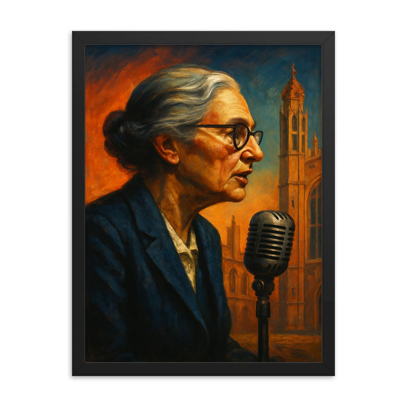 Joan Robinson in Cambridge debate profile framed print on a plain backdrop in size 18