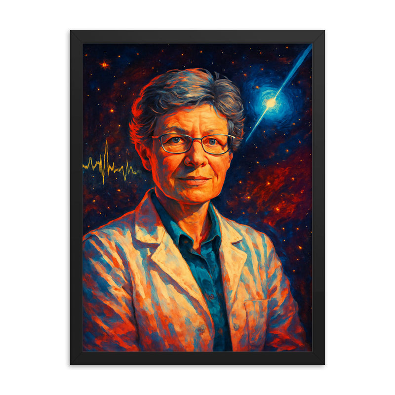 Jocelyn Bell Burnell framed print on a plain backdrop in size 18