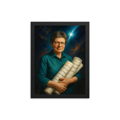 Jocelyn Bell Burnell with pulsar chart rolls framed print on a plain backdrop in size 12"x16".