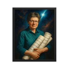 Jocelyn Bell Burnell with pulsar chart rolls framed print on a plain backdrop in size 16"x20".
