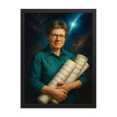 Jocelyn Bell Burnell with pulsar chart rolls framed print on a plain backdrop in size 18"x24".