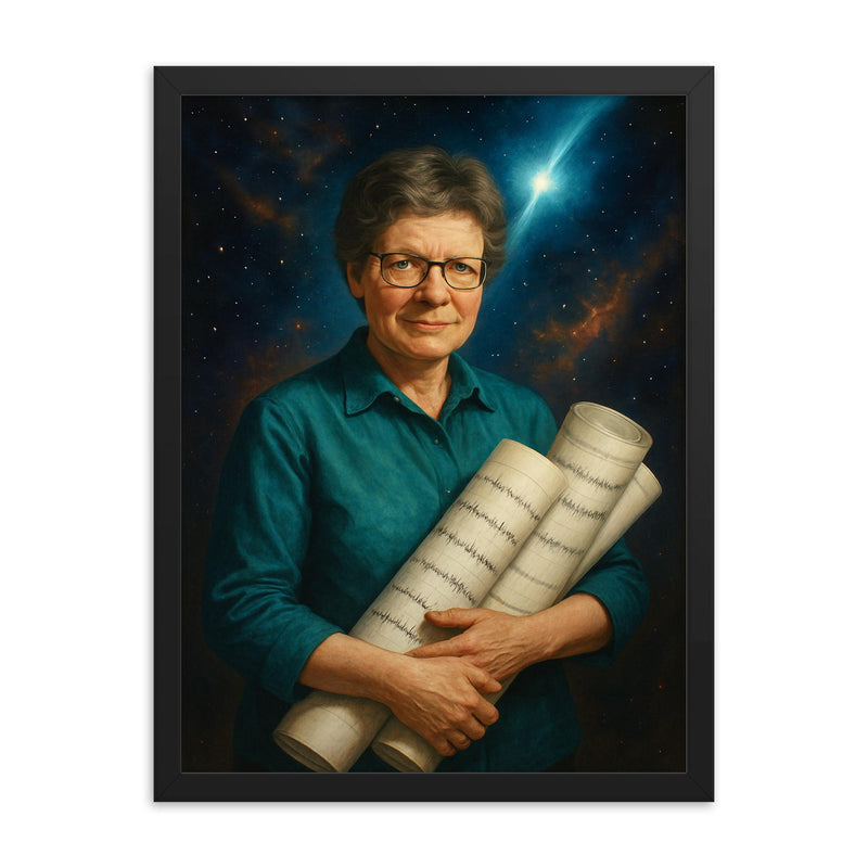 Jocelyn Bell Burnell with pulsar chart rolls framed print on a plain backdrop in size 18