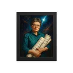 Jocelyn Bell Burnell with pulsar chart rolls framed print on a plain backdrop in size 8"x10".