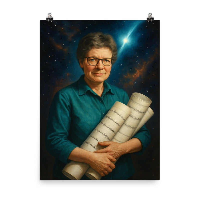 Jocelyn Bell Burnell with pulsar chart rolls poster on a plain backdrop in size 8