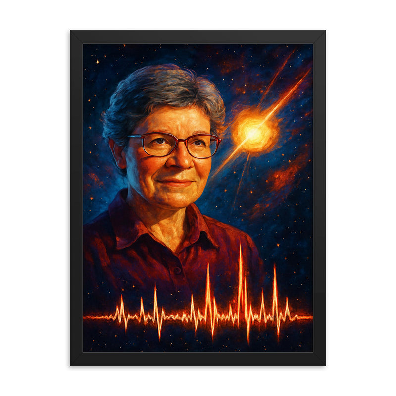Jocelyn Bell Burnell with pulsar chart spikes framed print on a plain backdrop in size 18