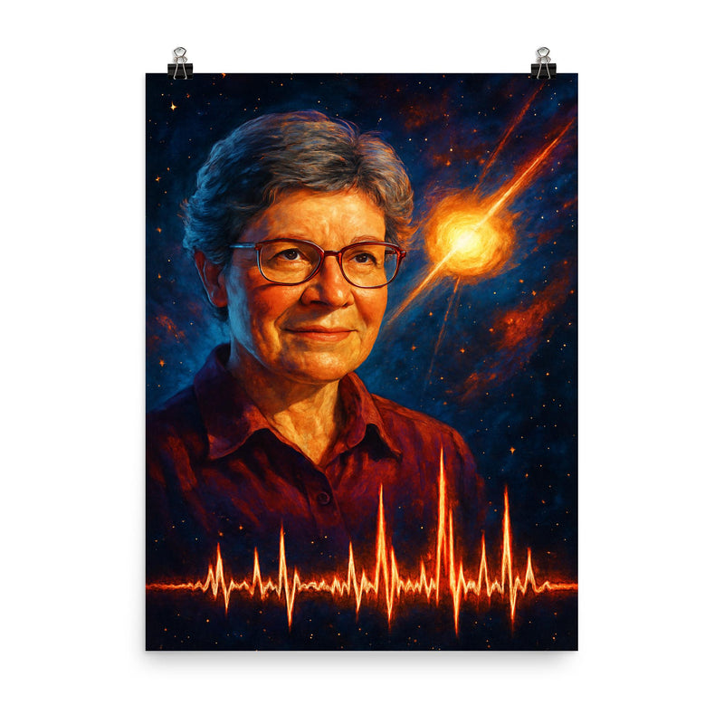 Jocelyn Bell Burnell with pulsar chart spikes poster on a plain backdrop in size 8