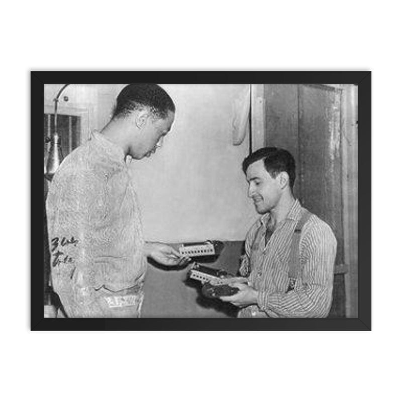 Joe Arridy Giving His Toy Train to a Fellow Inmate Before Death Row, 1939 framed print on a plain backdrop in size 18