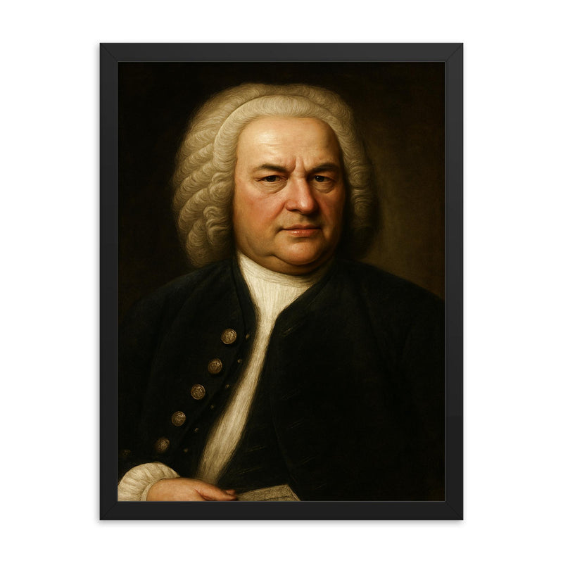 Johann Sebastian Bach portrait framed print on a plain backdrop in size 18