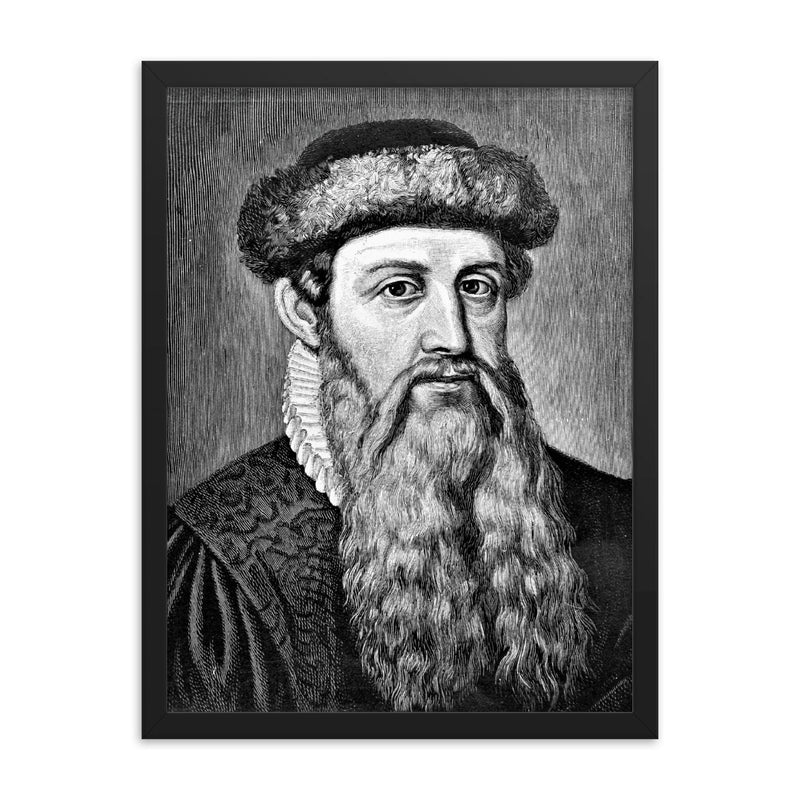 Johannes Gutenberg framed print on a plain backdrop in size 18