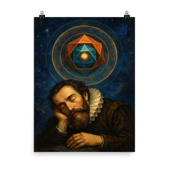 Johannes Kepler asleep beneath nested polyhedra poster on a plain backdrop in size 8"x10".