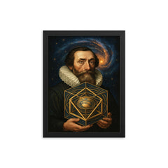 Johannes Kepler with nested cosmic solids framed print on a plain backdrop in size 12"x16".