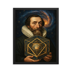 Johannes Kepler with nested cosmic solids framed print on a plain backdrop in size 16"x20".