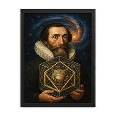 Johannes Kepler with nested cosmic solids framed print on a plain backdrop in size 18"x24".
