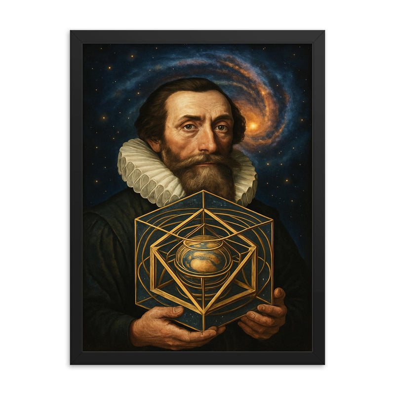 Johannes Kepler with nested cosmic solids framed print on a plain backdrop in size 18