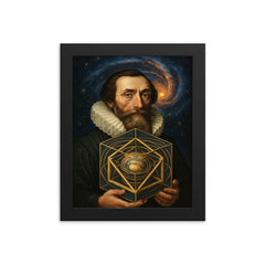 Johannes Kepler with nested cosmic solids framed print on a plain backdrop in size 8"x10".