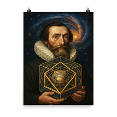 Johannes Kepler with nested cosmic solids poster on a plain backdrop in size 8"x10".
