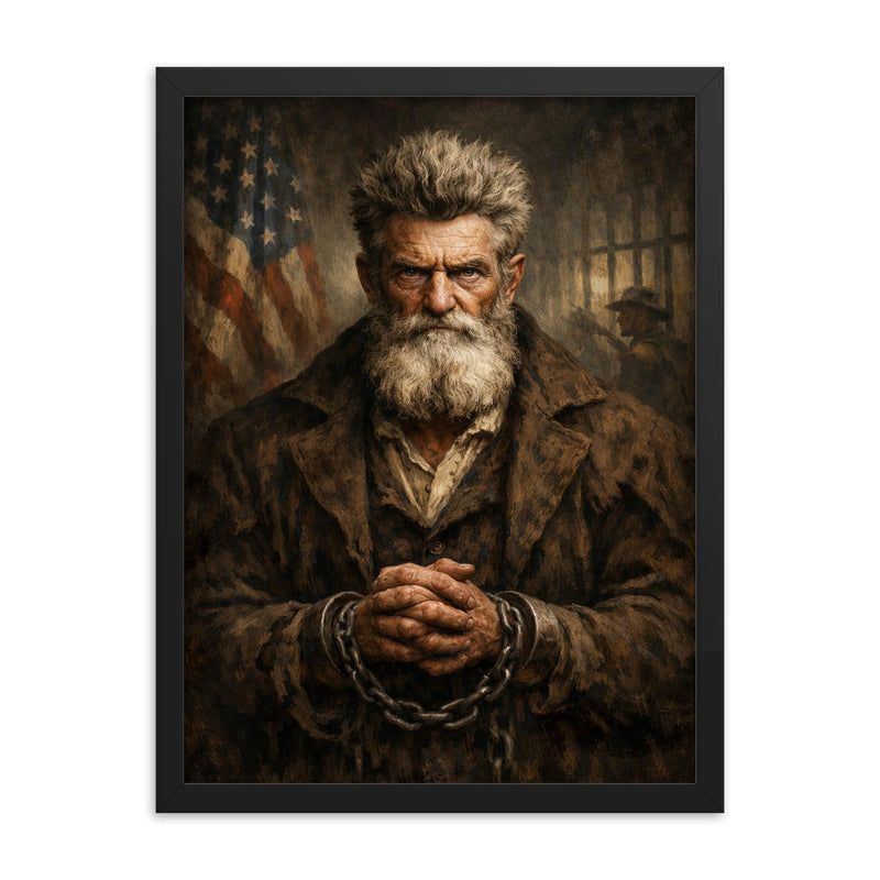 John Brown after Harpers Ferry unbroken gaze framed print on a plain backdrop in size 18