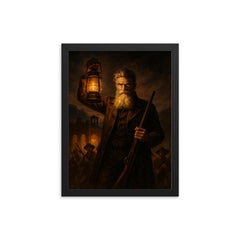 John Brown at Harpers Ferry lantern glow framed print on a plain backdrop in size 12"x16".