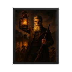 John Brown at Harpers Ferry lantern glow framed print on a plain backdrop in size 16"x20".