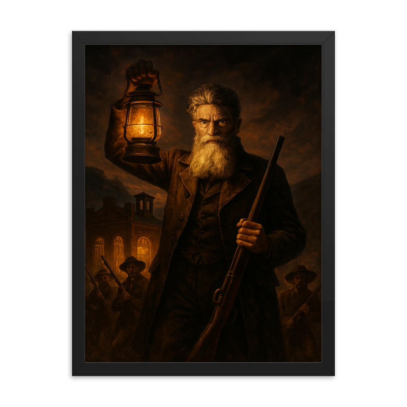John Brown at Harpers Ferry lantern glow framed print on a plain backdrop in size 18