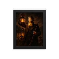 John Brown at Harpers Ferry lantern glow framed print on a plain backdrop in size 8"x10".