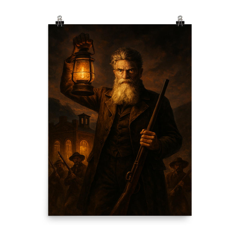 John Brown at Harpers Ferry lantern glow poster on a plain backdrop in size 8