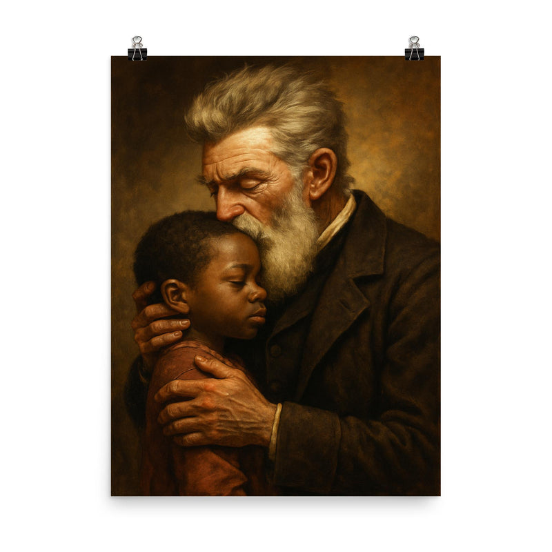 John Brown kissing a Black child goodbye poster on a plain backdrop in size 8