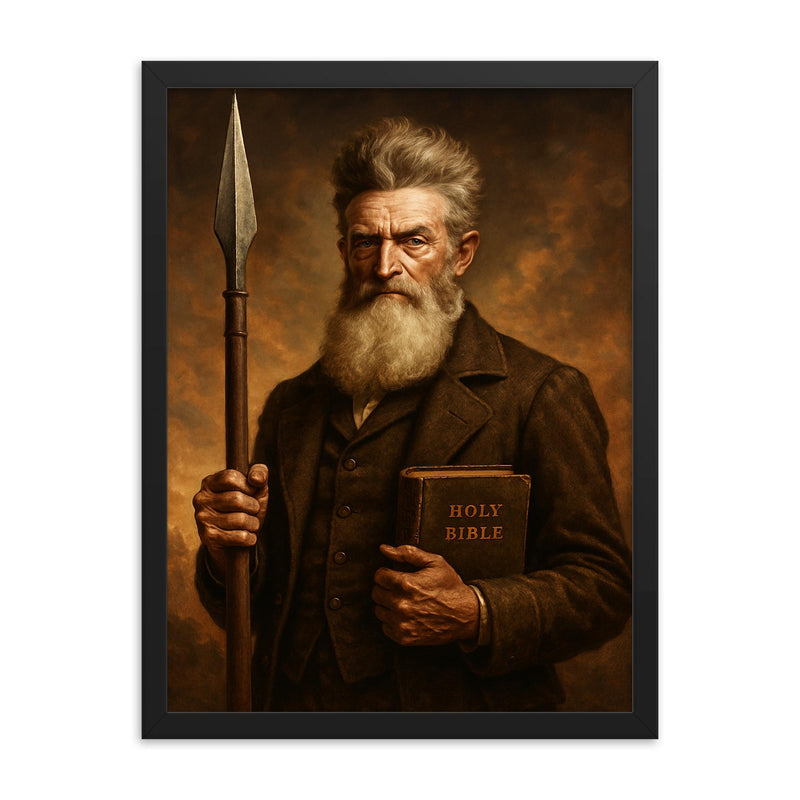 John Brown with pike and Bible framed print on a plain backdrop in size 18