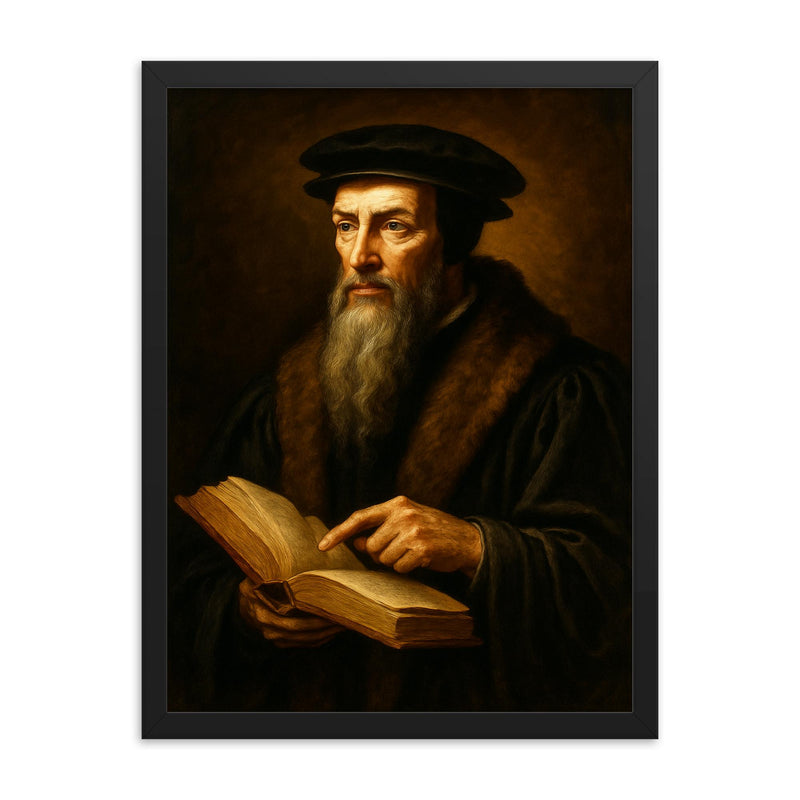 John Calvin framed print on a plain backdrop in size 18