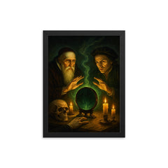 John Dee and Edward Kelley spirit mirror séance framed print on a plain backdrop in size 12"x16".