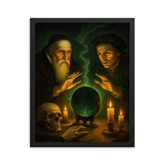 John Dee and Edward Kelley spirit mirror séance framed print on a plain backdrop in size 16"x20".