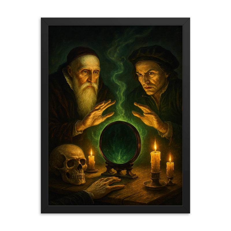 John Dee and Edward Kelley spirit mirror séance framed print on a plain backdrop in size 18